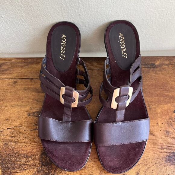 Aerosoles Heel Sandals Women's 8 Gold Brown Suede Leather - Picture 2 of 5